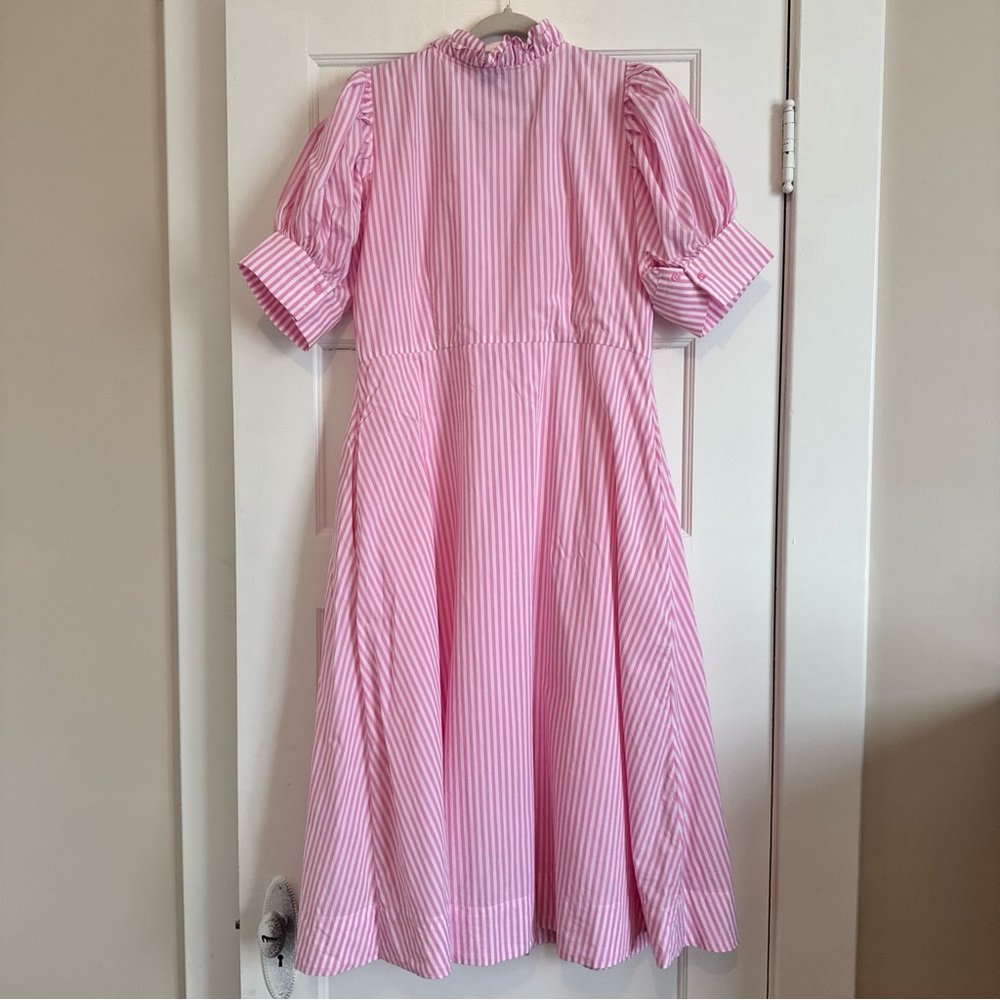 Buru Pink White Stripes Midi Dress Size Large Button Down Grandmillenial Classic - Picture 6 of 6